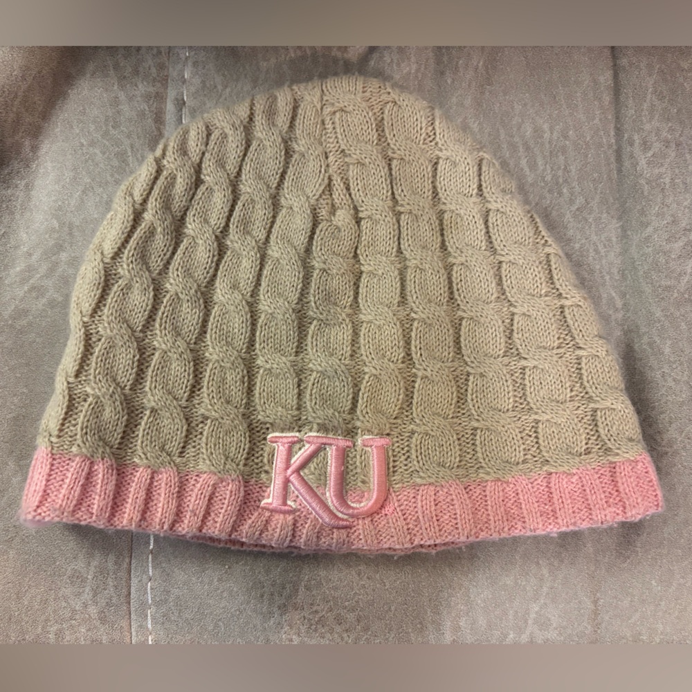 College: University of Kansas Women's Cable Knit Beanie - Tan and Pink